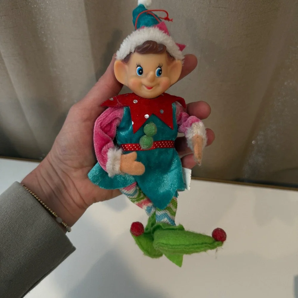 Christmas Elf Doll Ornaments Set of 2 Posable Sequin Tulle Holiday Decor Figures